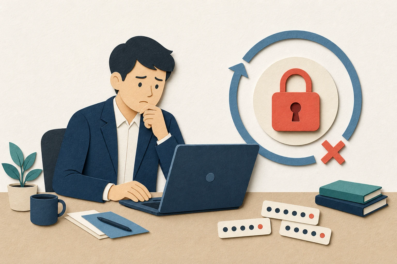 암호 입력을 반복하다 Microsoft 365 업무 계정이 잠겨 고민하는 사용자를 표현한 페이퍼 아트
