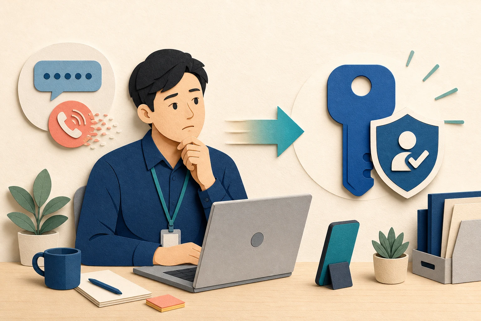 문자와 전화 인증에서 Passkey 기반 로그인으로 전환되는 공지를 확인하는 회사 사용자를 표현한 페이퍼 아트