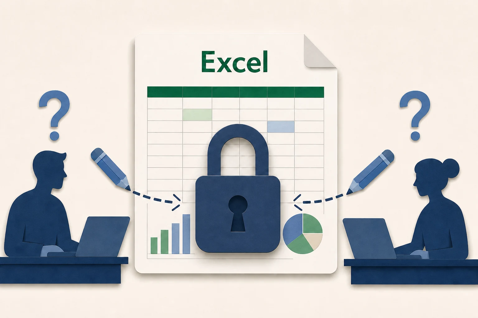 암호가 설정된 Excel 문서 앞에서 두 사용자가 모두 공동편집하지 못해 궁금해하는 상황을 표현한 일러스트